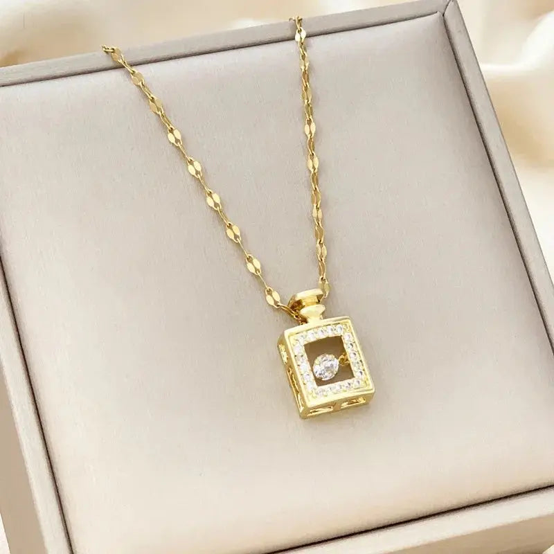 Valentines Day Gift Perfume Bottle Pendant Titanium Steel Necklace Korean Trend Zircon Luxury Female Necklace Charm Jewelry Gift Fashion Jewelry Woman BloomIris