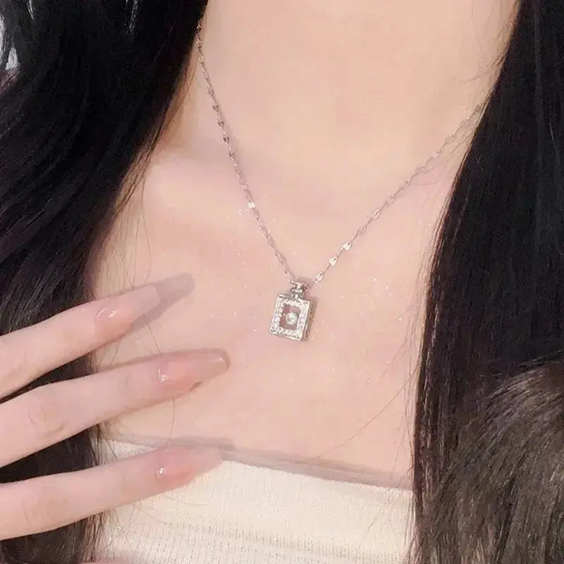 Valentines Day Gift Perfume Bottle Pendant Titanium Steel Necklace Korean Trend Zircon Luxury Female Necklace Charm Jewelry Gift Fashion Jewelry Woman BloomIris