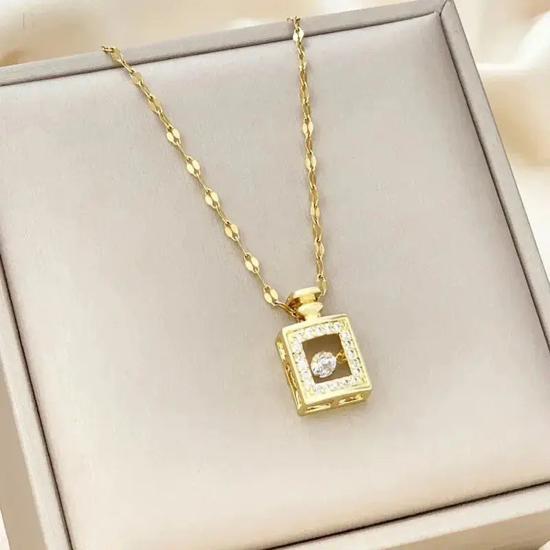 Valentines Day Gift Perfume Bottle Pendant Titanium Steel Necklace Korean Trend Zircon Luxury Female Necklace Charm Jewelry Gift Fashion Jewelry Woman BloomIris