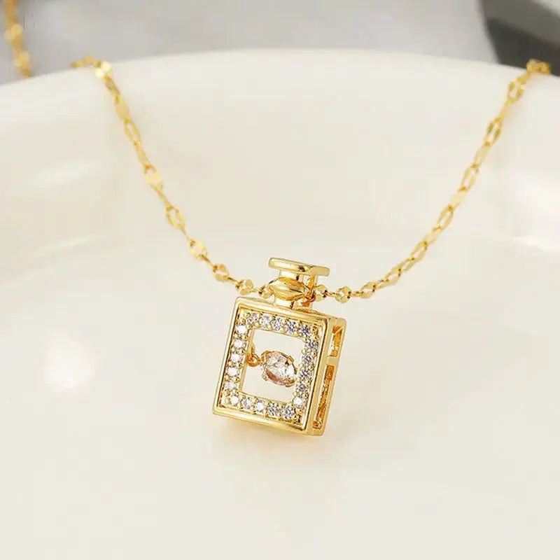 Valentines Day Gift Perfume Bottle Pendant Titanium Steel Necklace Korean Trend Zircon Luxury Female Necklace Charm Jewelry Gift Fashion Jewelry Woman BloomIris