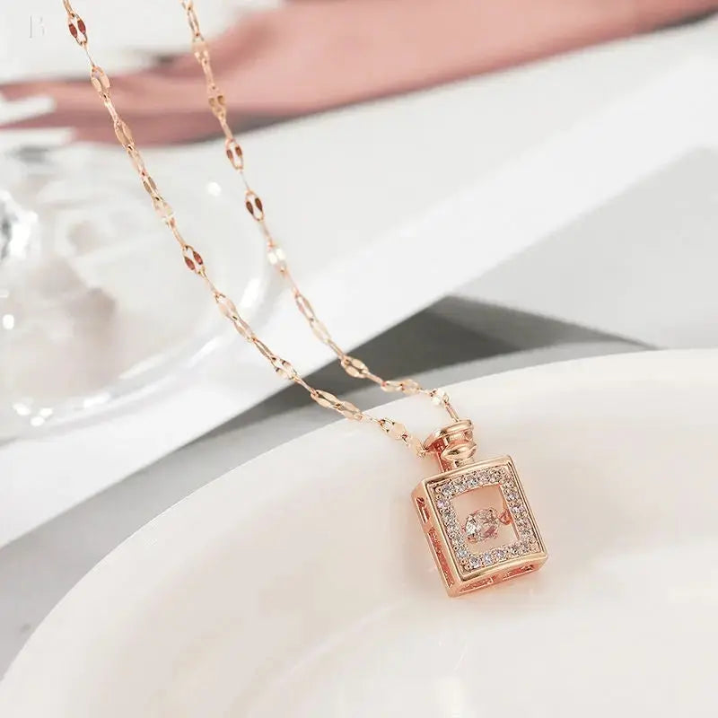 Valentines Day Gift Perfume Bottle Pendant Titanium Steel Necklace Korean Trend Zircon Luxury Female Necklace Charm Jewelry Gift Fashion Jewelry Woman BloomIris