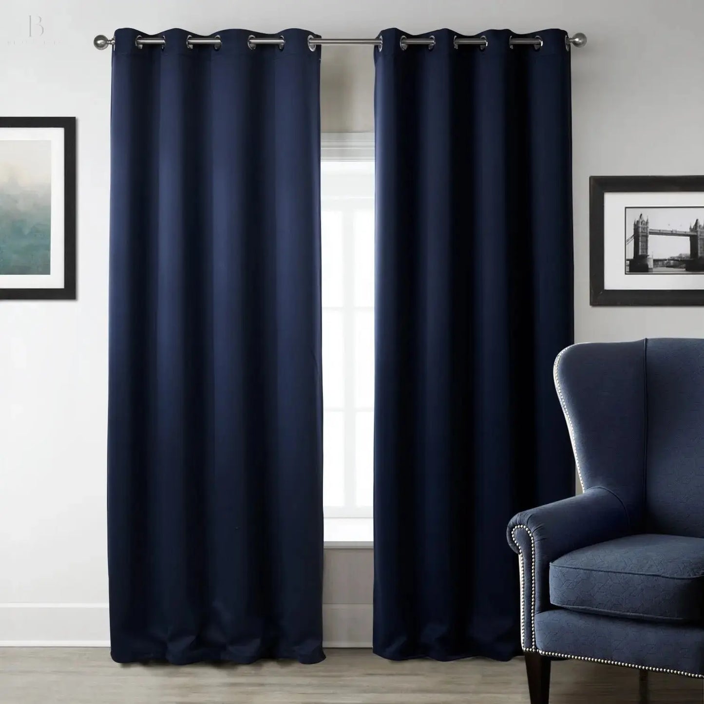 Dark Blue Bedroom Blackout Fabric Printed Curtains BloomIris