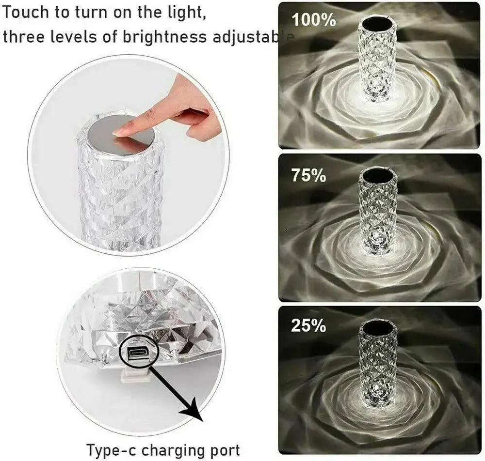 LED Light Indoor Crystal Table Lamp Diamond Rose Night Light Touch BloomIris