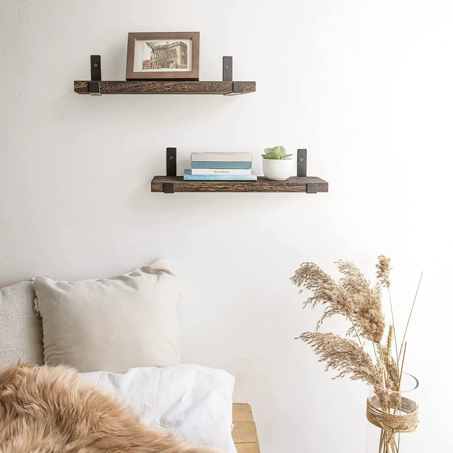 Rustic Wood Floating Shelves Wall Mounted Shelving Set of 2 Decorative Wall Storage Shelves with Lip Brackets for Bedroom, Living Room, Bathroom, Kitchen, Hallway, Office BloomIris