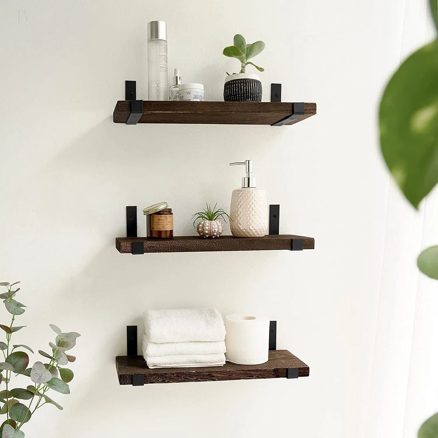 Rustic Wood Floating Shelves Wall Mounted Shelving Set of 2 Decorative Wall Storage Shelves with Lip Brackets for Bedroom, Living Room, Bathroom, Kitchen, Hallway, Office BloomIris