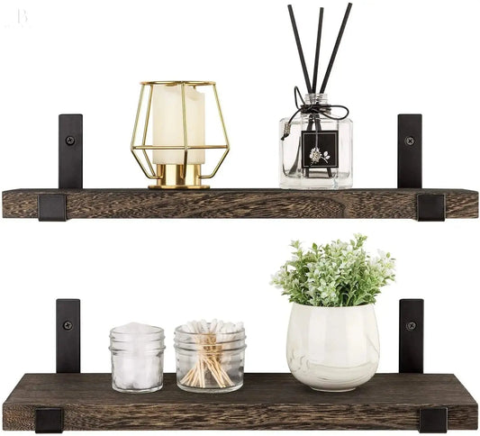 Rustic Wood Floating Shelves Wall Mounted Shelving Set of 2 Decorative Wall Storage Shelves with Lip Brackets for Bedroom, Living Room, Bathroom, Kitchen, Hallway, Office BloomIris