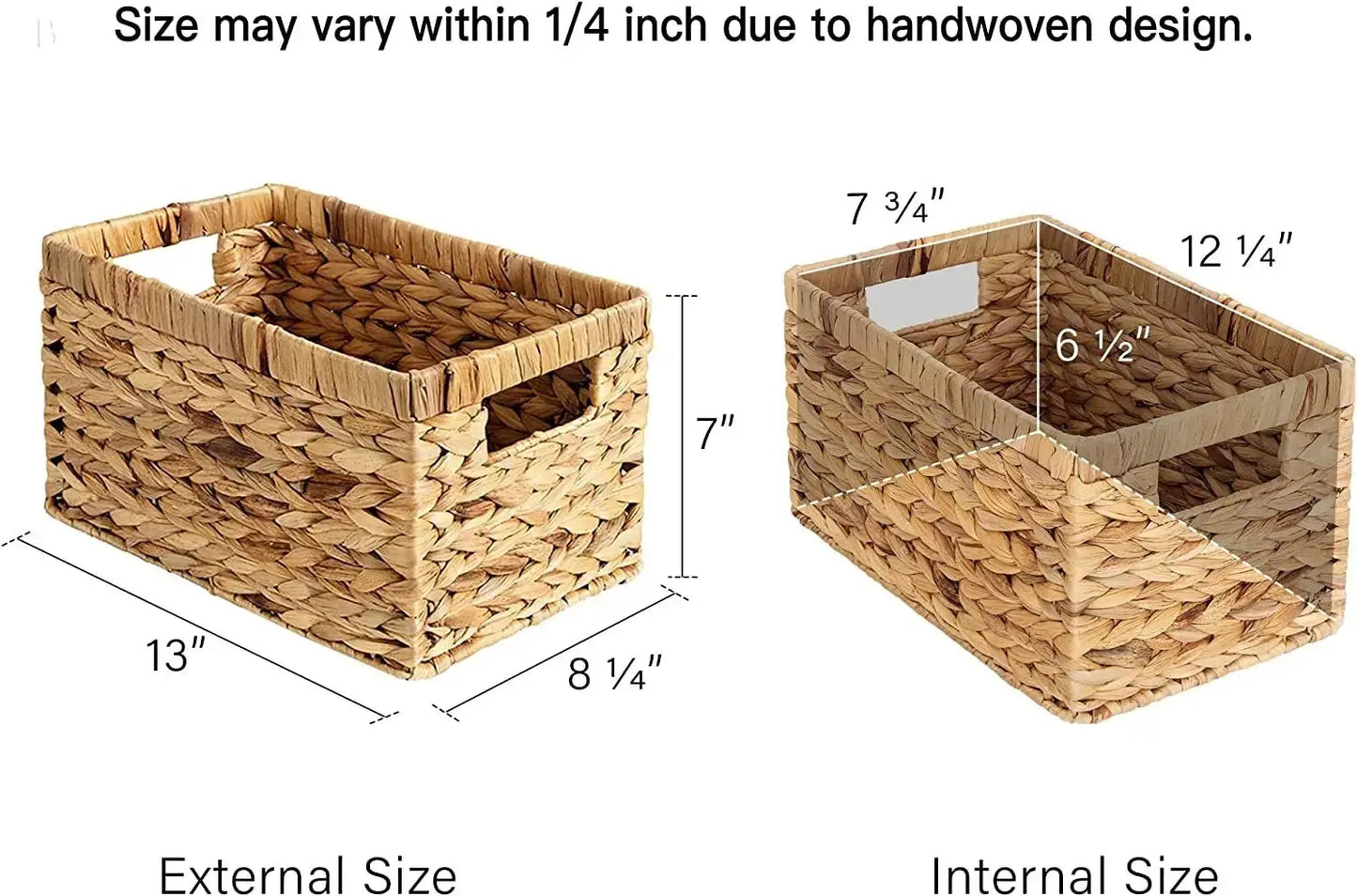 Water Hyacinth Storage Baskets, Rectangular Wicker Baskets with Built-In Handles, Medium, 13 X 8 ¼ X 7 Inches, 2-Pack BloomIris
